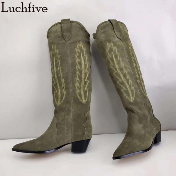 

design suede long boots for women pointy toe winter boots square heels army green shoes woman runaway femme1, Black