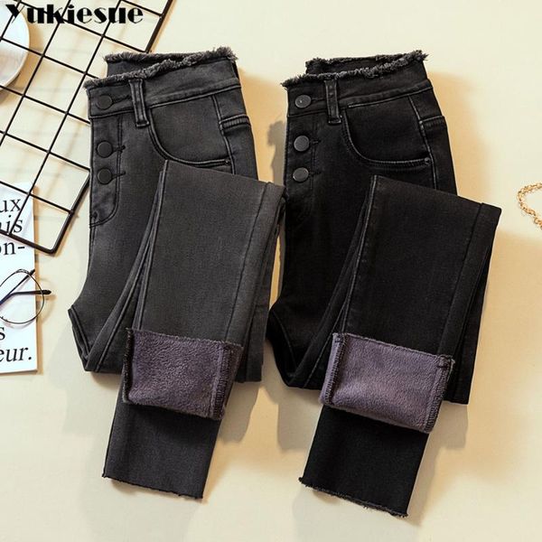 

women's jeans women high waist velvet thick female winter 2021 skinny stretch warm jean pants mom black denim trousers with fleece, Blue