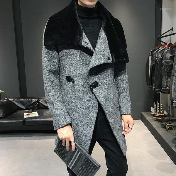 

male solid wool blend mid long jacket winter woolen coat men fur collar warm trench warm coat manteau homme overcoat1, Black