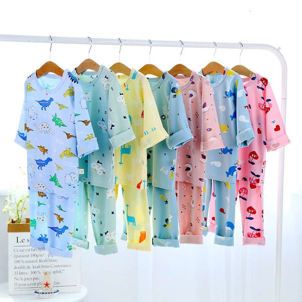 

home set boys' girls' children's pajamas spring and autumn baby air conditioning cloth long sve cotton thin sle, Blue;red