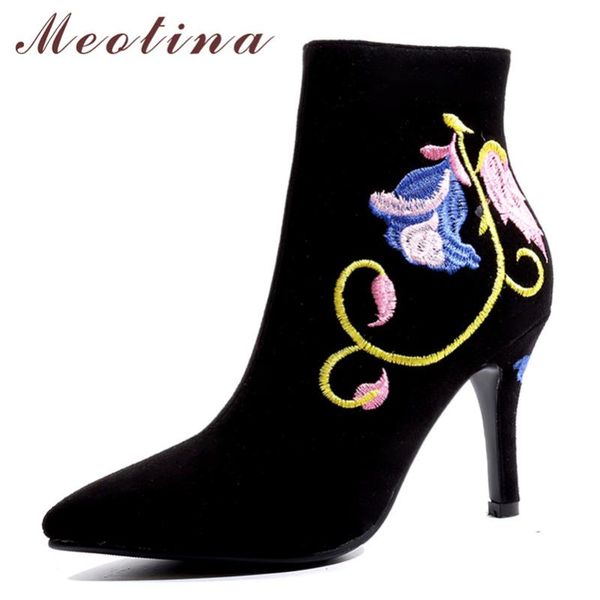 

meotina women shoes fall ankle boots embroider stiletto heels short boots zipper super high heel party shoes lady winter size 43, Black