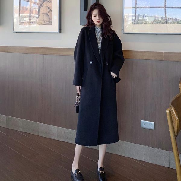

2020 winter new retro-style slim-fit over-the-knee lace-up woolen coat women's clothing, Black
