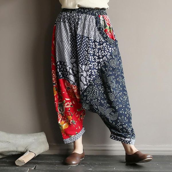 

original folk style women's retro stitching old cotton and linen material shift pants women loose large size baggy pants, Black;white