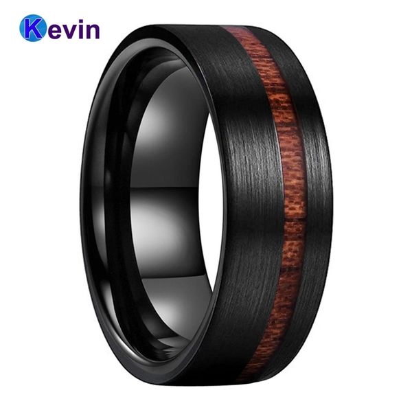 

flat band wood ring black tungsten wedding band for men and women with offset groove real wood inlay 8mm comfort fit 201218, Silver