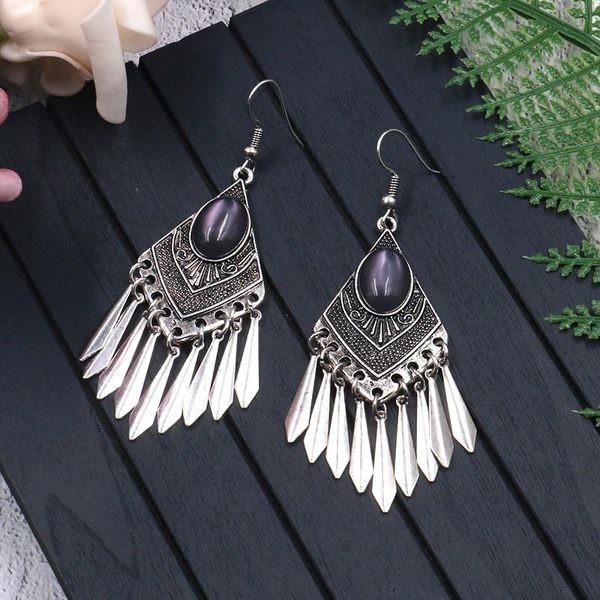 

Retro Bohemian long earrings Fashion rhombus inlaid with natural Opal alloy exaggerated ethnic earrings women fashion jewelry, Silver