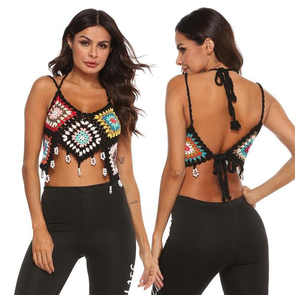 

2020 bikini crochet women boho beach cropped bralette halter knitted swimsuit cover up brazilian beading tassel bathing, Blue;gray