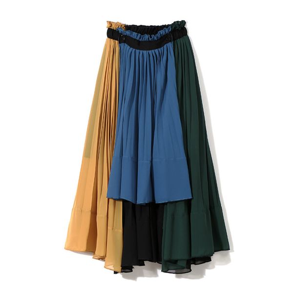

eam] 2020 new spring high elastic waist green hit color pleated irregular haf-body skirt women fashion all-match jg208 q1209, Black
