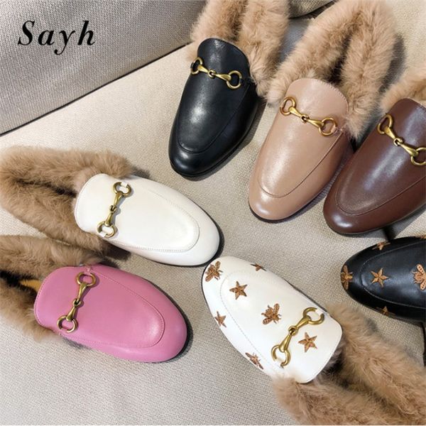 

real fur metal buckle mules flats women brand embroidery loafers casual shoes women fluffy hairy winter warm mujer slides q1215, Black;white