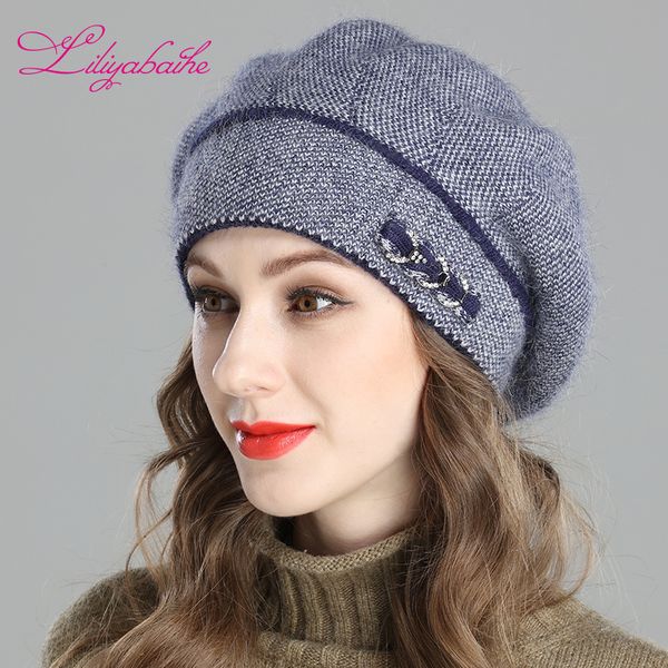 

liliyabaihe new style women's winter beret crocheted angora wool berets bicolour mixing hat with double heated hat cap t200104, Blue;gray