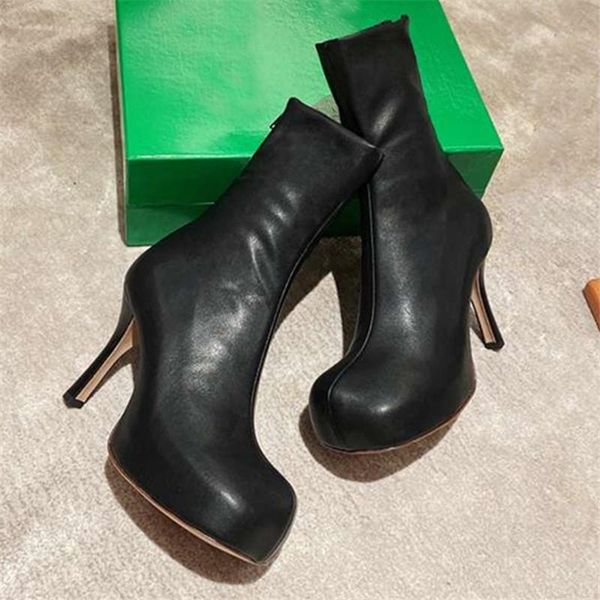

boots genuine leather women ankle square toe high heel platform pumps autumn shoes woman black short booties