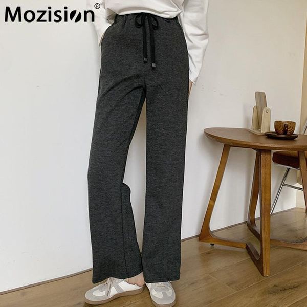 

mozision casual plus velvet wool pants women solid high waist thick wide leg pants ladies 2021 spring new loose straight, Black;white