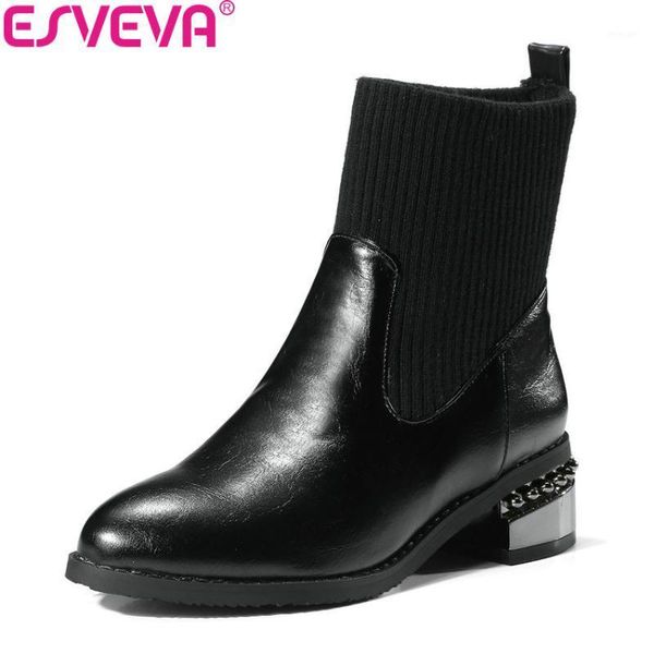 

boots esveva 2021 women classical square med heel ankle short plush appointment woolen+pu handmade ladies size 34-431, Black
