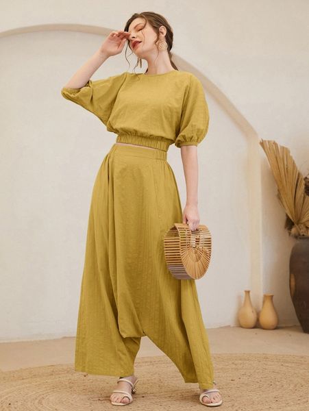 

puff sleeve & drop crotch pants set b3g3#, White