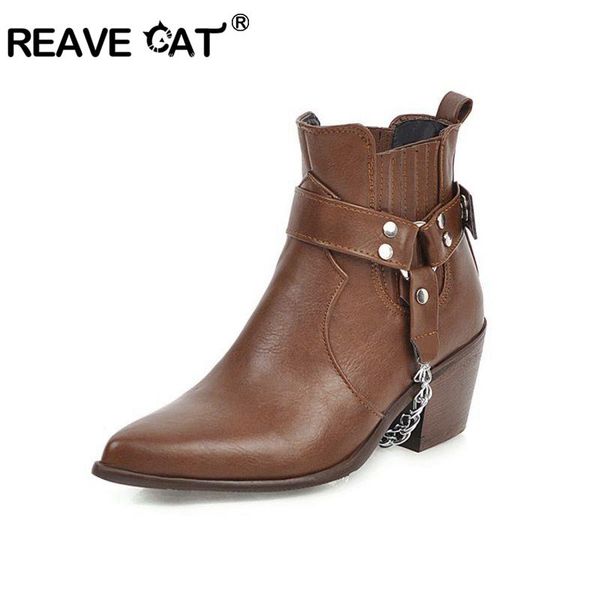 

reave cat women pointed toe faux leather soft short plush bukle squarethick ankle casual boots chain size 33-48 black brown