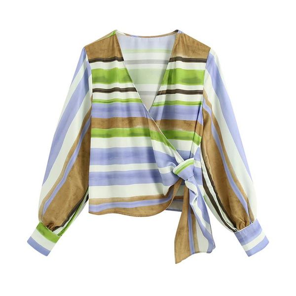 

autumn 2021 women sweet cross v-neck striped wrap crop blouses fashion long sleeve side bow tied female shirts chic, White