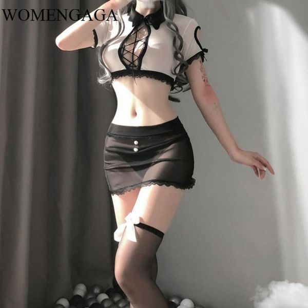 

womengaga cosplay mesh lace bandage short sleeve t shrit + lace transparent swxy mini skirt + stockings 3-piece set tpf4, Gray