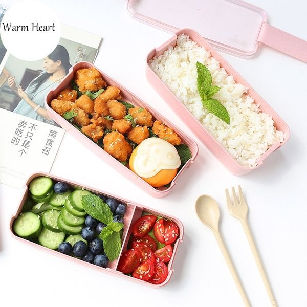 Grün/Rosa/Beige Lunchbox Weizengeschirr Umweltfreundliches mikrowellengeeignetes Geschirr-Set aus Kunststoff Bento-Box Lebensmittelbehälter für Kinder Y200429