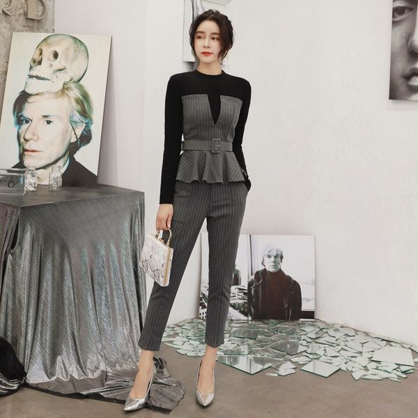 

elegant ladies slim 2 piece office set women stripe blazer pocket trousers suit pants outfit q1215, White
