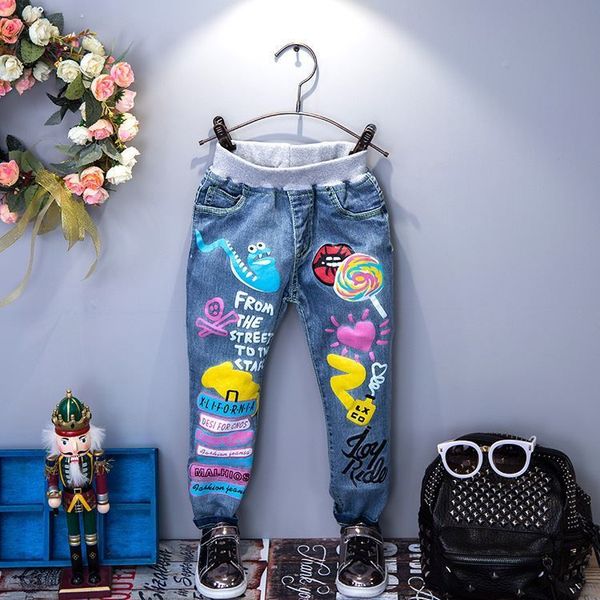 

2020 spring and autumn casual jeans children cartoon graffiti fashion wild trousers pants y200704, Blue