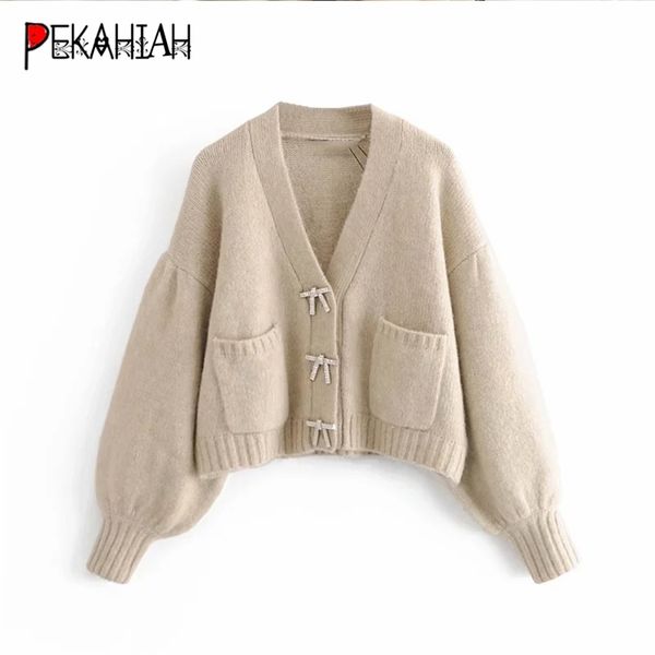 

za women vintage v-neck pocket knitted sweater fashion slim long sleeve button office warm cardigan sweater casual chic 201223, White;black