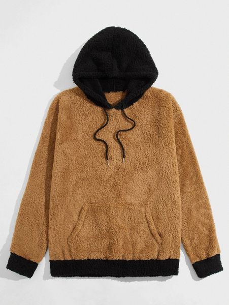 

romwe guys colorblock kangaroo pocket drawstring teddy hoodie v26j#, Black