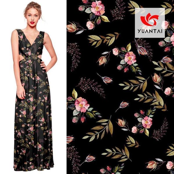 

2020 new flower digital printing women's fashion fabric dress shirt spring and summer black polyester chiffon print cloth1, Black;white