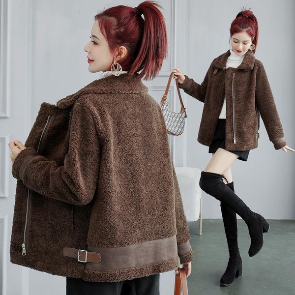 

lamb furl coat female winter thickening short new korean version loose fur lapel all-match parkas female, Black