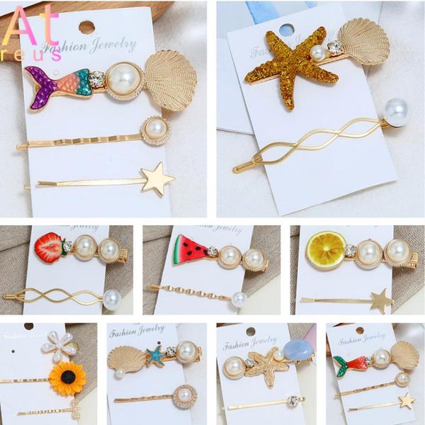 

2/3pcs women fashion imitiation pearl shell hairpins hair clips set summer beach hairgrip hair accessories starfish headwear, Golden;silver