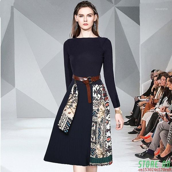 

2021 autumn winter vintage bow knitting patchwork printing pleated dress women long sleeve knitted dress casual1, Black;gray
