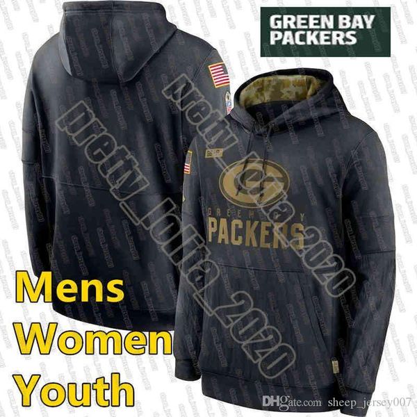 

green bays packers men sweatshirt 2020 salute to service sideline performance pullover hoodie black women youth football jerseys, Black;red