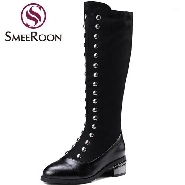 

smeeroon 2020 popular flock mid calf boots fashion zipper pointed toe med heels boots keep warm winter party shoes woman1, Black