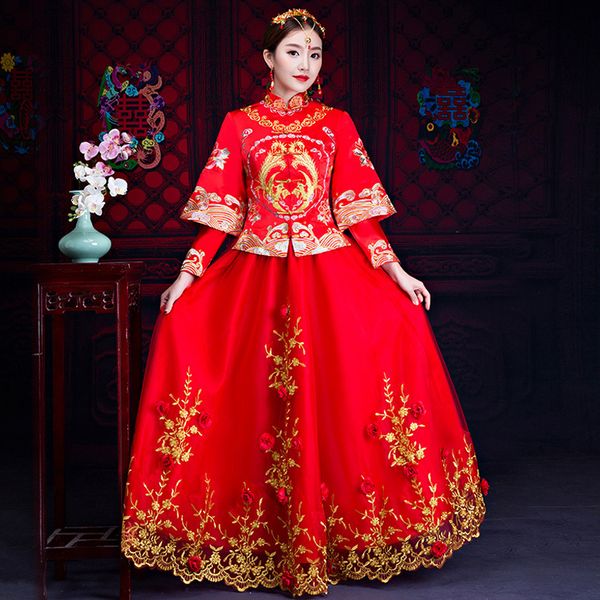 

traditional red show womanhood cheongsam tissue married chinese-style wedding suits officially female overseas chinese qipao b704, Blue;red
