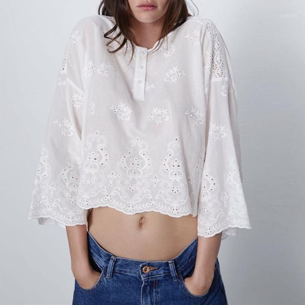 

white embroidered blouse women 2020 summer long sleeve o-neck semi-sheer front style asymmetric hem blouses woman1