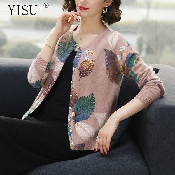 

yisu fashion leaf print women knitted cardigan sweater o-neck buttons short cardigan jumper casual female ladies outwear 201202, White;black