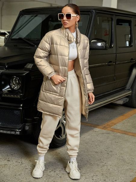 

flap pocket metallic puffer coat f9ys#, Black