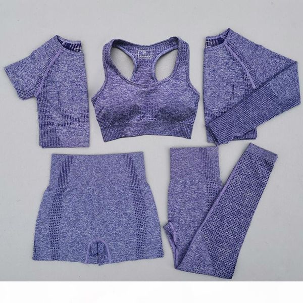 

3 5pcs women vital seamless yoga set workout sport wear gym clothing short long sleeve crop high waist leggings sports suit, Gray