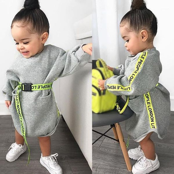 

toddler kids baby girls long sleeve letter pocket belt princess dress clothes1, White
