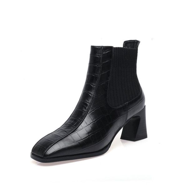 

genuine leather women high heel ankle boots knitting classic design shoes for women working office shoes woman heels, Black