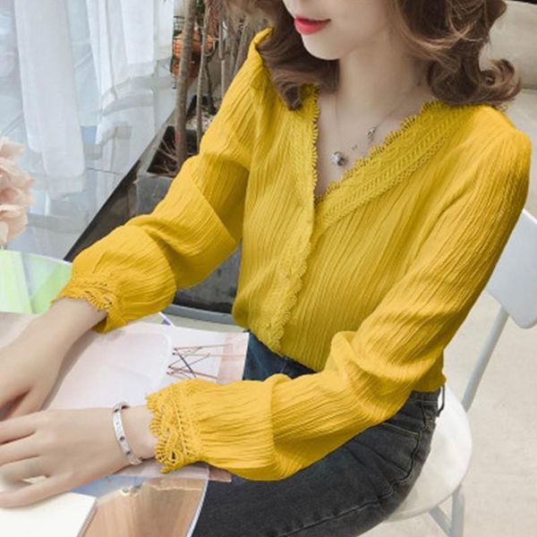 

autumn womens and blouses v-neck white long-sleeved shirt slim sweet lace blouse blusa feminina kg-1078