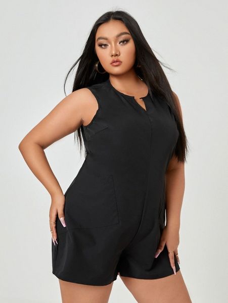 

plus notched neckline solid romper u9yh#, Black