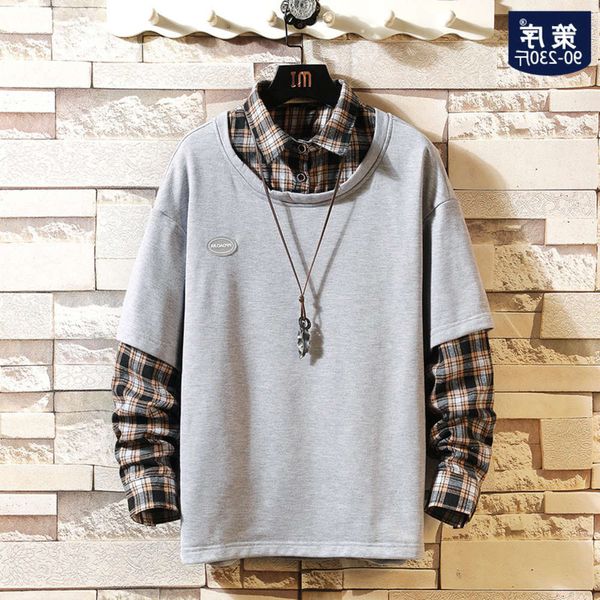 

autumn plaid shirt fake two long sleeve sweater men's trendy fat plus size student coat trend, Black