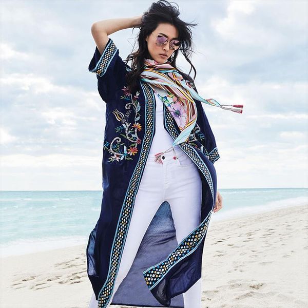 

2020 floral embroidered front open long kimono cardigan plus size navy blue cotton tunic women and blouses shirts n1146, White