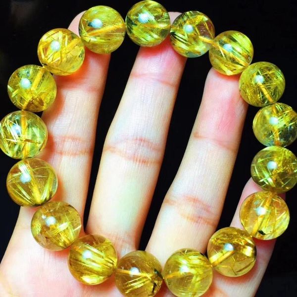 

natural gold genuine rutilated titanium quartz bracelet woman rich stone round beads crystal charms aaaaaa 76go, Black