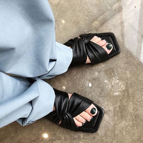 

2020 flat leather slippers white square toe crossing leather open toe casual mules lady slides summer shoes women1, Black