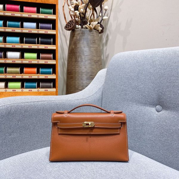 

wholesale handmade quality brown swift leather design mini bag 22cm wax line stitching gold and silver hardware fast delivery contact me