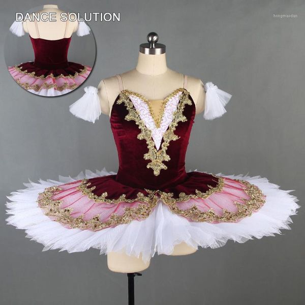 

burgundy velvet camisole with gold trim professional ballet tutu for child & ballerina solo costumes dance dress bll1381, Black;red