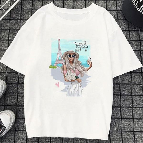 

camisetas verano mujer женская одежда 2019 тонкий раздел футболка vogue эстетическое селфи париж башня досуг harajuku женская футболка, White