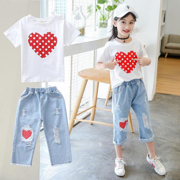 

clothing sets girls clothes set summer teens kids children sports suit short t-shirt+jeans shorts outfits 4 6 8 10 12 13 years, White