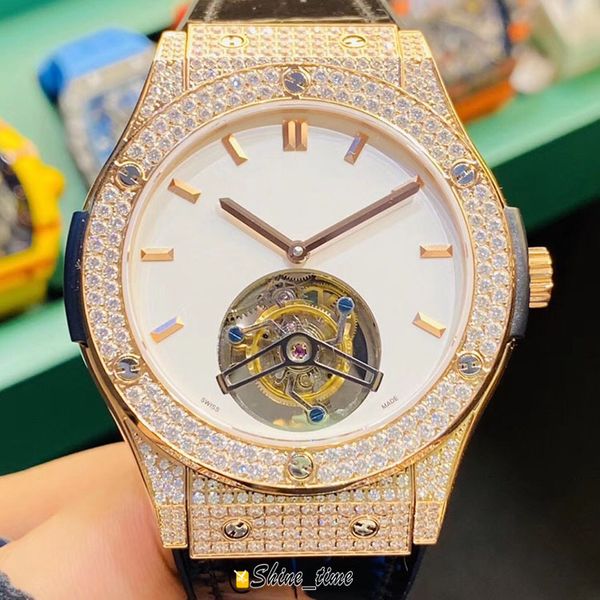 

new version classic fusion true tourbillon skeleton dial 305.cm.134.rx 18k rose gold diamond case automatic mechanical mens watch strap, Slivery;brown