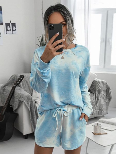 

drop shoulder tie dye pullover & shorts set x8dt#, White